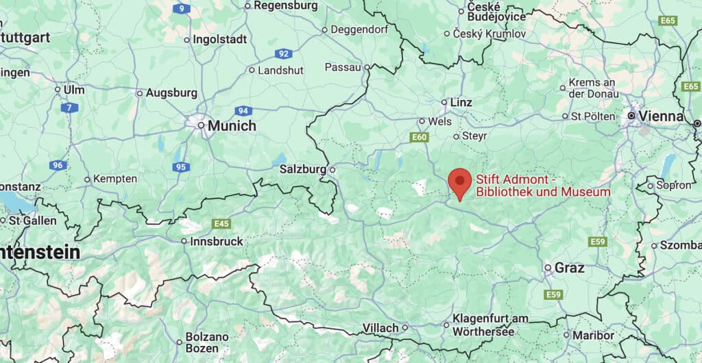 A Google Maps view highlighting the location of Stift Admont - Bibliothek und Museum in Austria, situated between major cities like Munich, Salzburg, and Vienna. The map provides a geographic reference for visitors traveling to the historic Admont Abbey Library.
