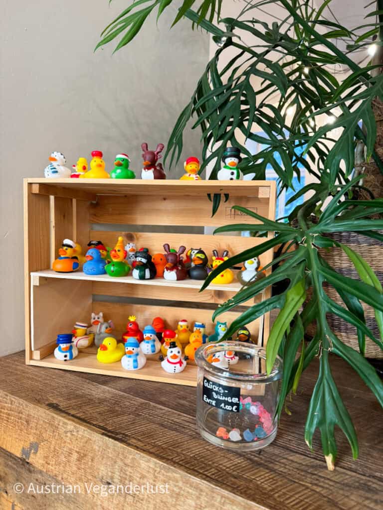 Ein hölzernes Regal, gefüllt mit bunten Gummienten mit verschiedenen Motiven wie Schneemännern und Weihnachtsmännern, begleitet von einem Glas mit der Aufschrift "Glücks-Enten" mit Süßigkeiten. Eine üppige Grünpflanze verleiht der Einrichtung einen gemütlichen Touch.