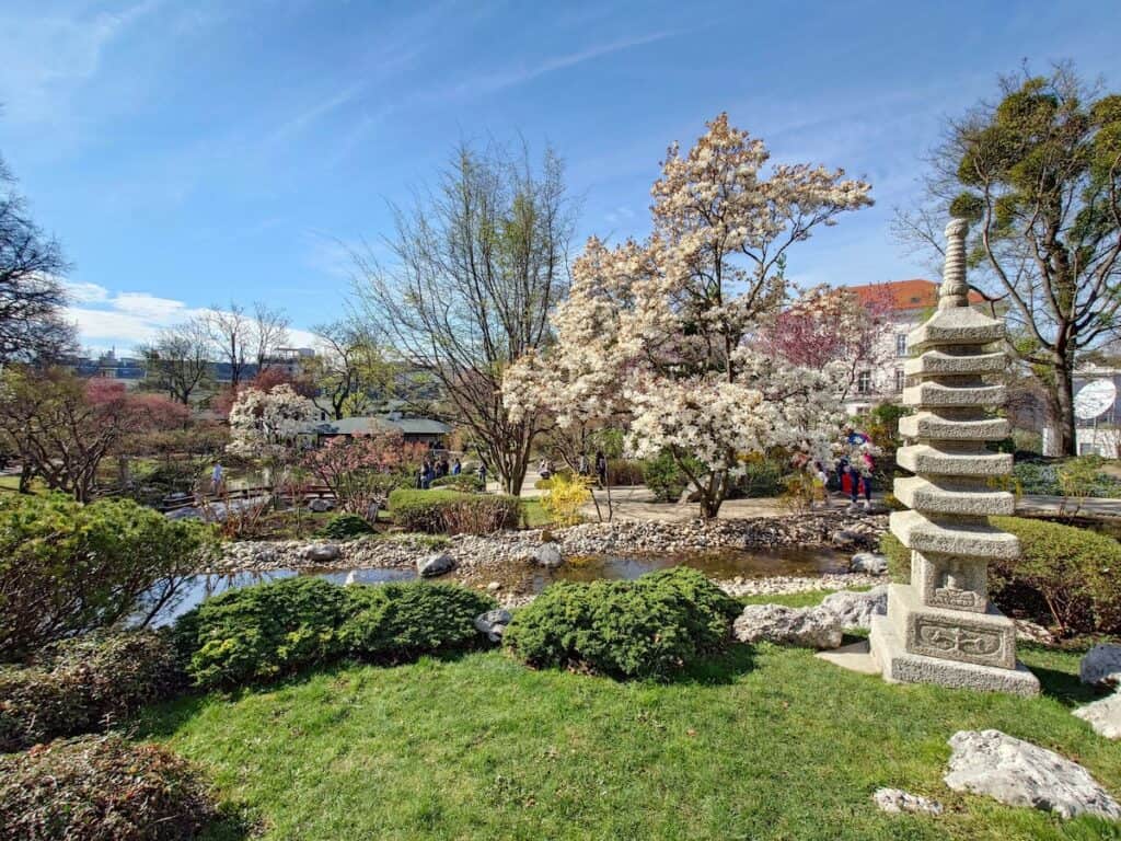 Eine ruhige Szene im Setagaya Park in Wien, Österreich, mit einem Garten im japanischen Stil mit blühenden Kirschblüten und einer traditionellen Steinpagode. Ein kleiner Teich spiegelt das üppige Grün wider, während die Besucher/innen unter einem strahlend blauen Himmel über verschlungene Pfade spazieren. Der Park verbindet die Schönheit der Natur mit japanischen Landschaftselementen und schafft einen friedlichen Rückzugsort in der Stadt.