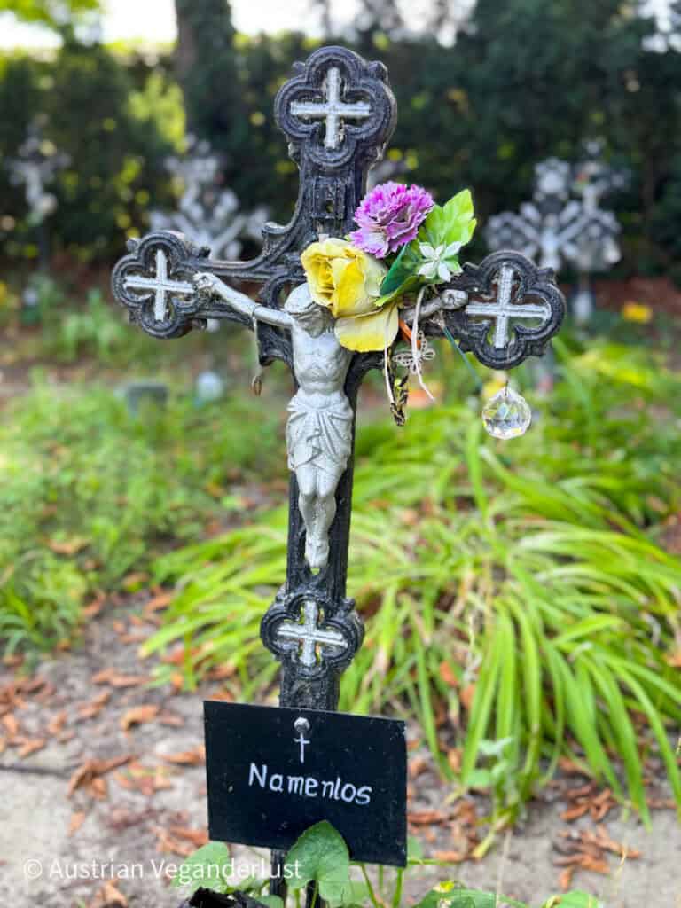 Ein schwarzes Metallkruzifix mit einer Christusfigur ist mit gelben und violetten Blumen verziert und markiert ein einfaches Grab mit einer Tafel mit der Aufschrift "Namenlos" auf dem Friedhof der Namenlosen in Wien.