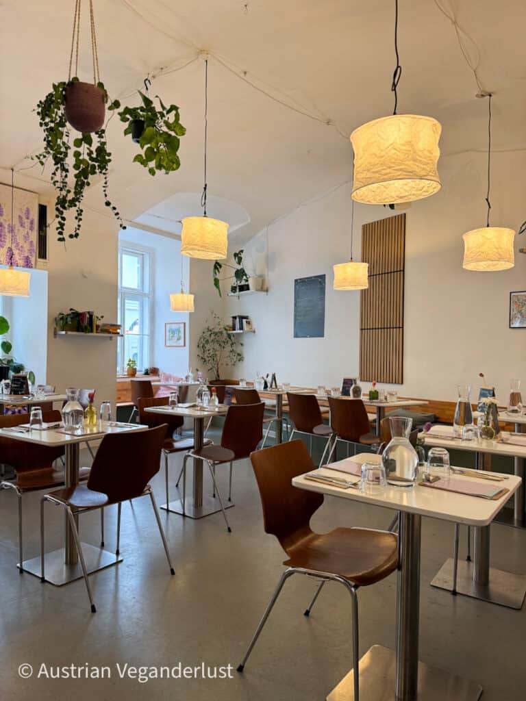 Ein modernes, gemütliches veganes Bistro mit Holzstühlen, weißen Tischen, die für die Gäste gedeckt sind, sanfter Hängebeleuchtung und Hängepflanzen, die von der Decke herabhängen und eine ruhige, luftige Atmosphäre schaffen.