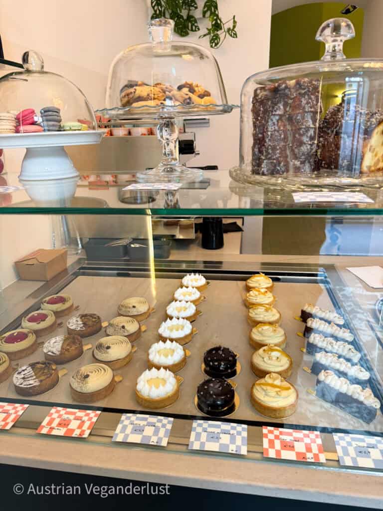 Eine Glasvitrine, gefüllt mit elegantem Gebäck, darunter Obsttorten, Mousse au Chocolat und Zitronenbaiserkuchen. Über der Vitrine präsentieren gläserne Tortenständer mit gewölbten Deckeln Kekse, Macarons und eine schokoladenüberzogene Schichttorte in einem stilvollen Bäckereisetting.