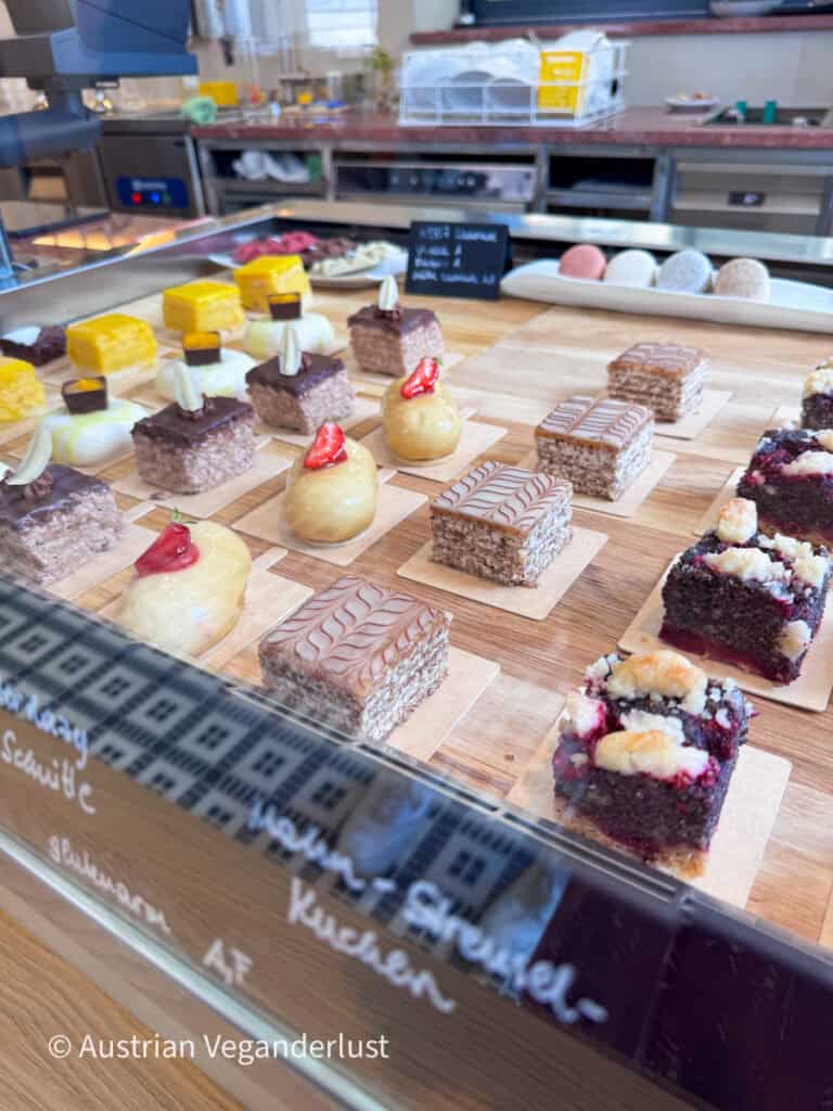 Vitrine mit kunstvoll angerichteten Mini Torten und Mehlspeisen in einem Wiener Café. Zu sehen sind unter anderem Nussschnitten, Schokoladenkuchen, glasierte Törtchen mit Erdbeeren, Käsekuchen und Beeren Streuselkuchen. Die Auswahl zeigt eine Vielfalt an kleinen österreichischen Desserts zum Probieren.