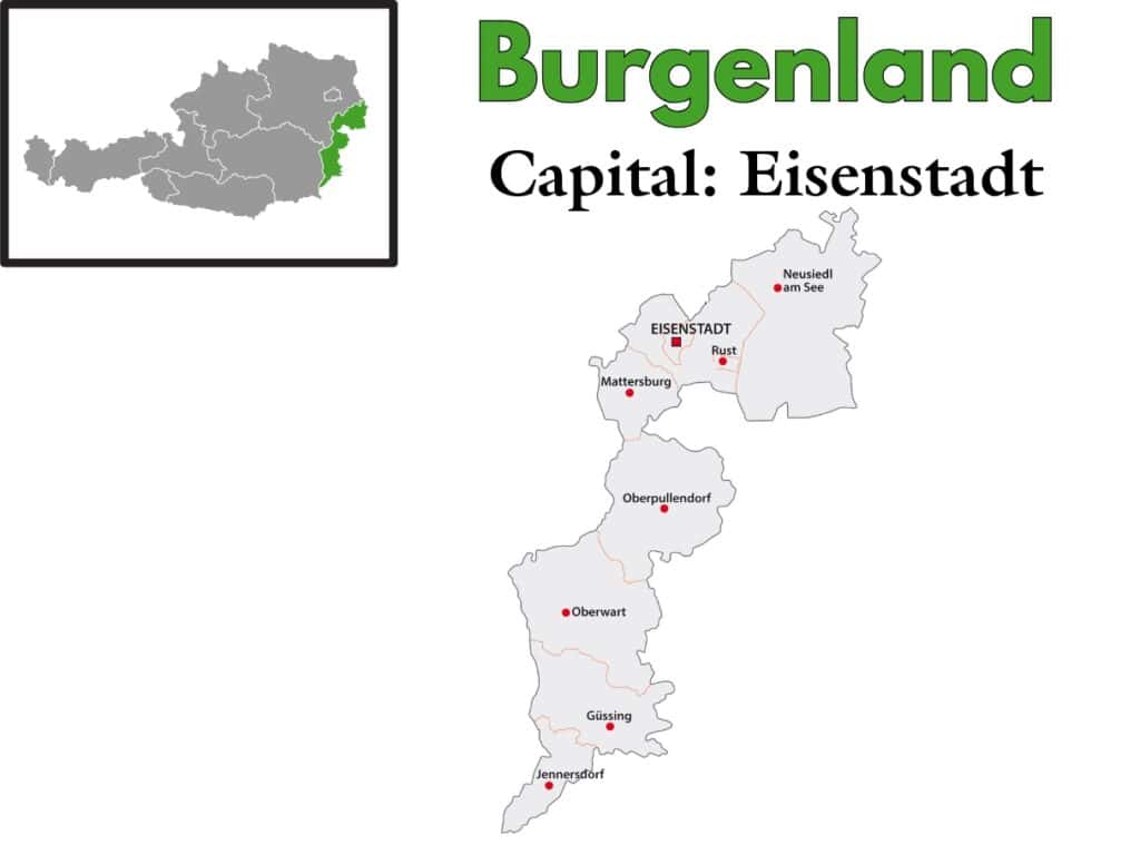 Map of Burgenland, a federal state in eastern Austria, highlighted in green on the inset map. The capital Eisenstadt is marked with a red square, and other towns—Neusiedl am See, Rust, Mattersburg, Oberpullendorf, Oberwart, Güssing, and Jennersdorf—are indicated with red dots.