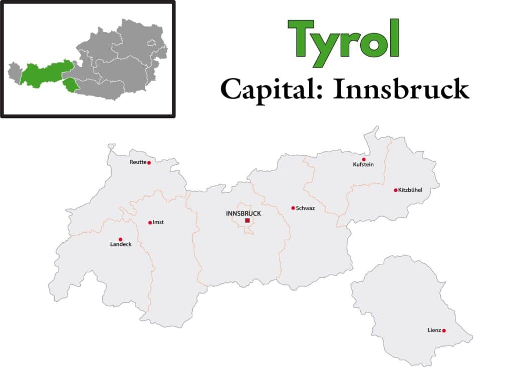 Map of Tyrol, a federal state in western Austria, highlighted in green on the inset map. The capital city Innsbruck is marked with a red square, and other towns—Reutte, Landeck, Imst, Schwaz, Kufstein, Kitzbühel, and Lienz—are shown with red dots.