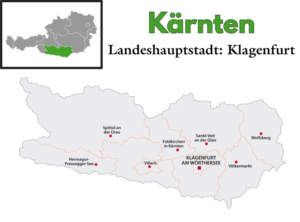 Karte von Kärnten, einem südlichen Bundesland Österreichs, das im Übersichtskärtchen grün hervorgehoben ist. Die Landeshauptstadt Klagenfurt am Wörthersee ist mit einem roten Quadrat markiert, weitere Städte wie Villach, Spittal an der Drau, Hermagor-Pressegger See, Feldkirchen in Kärnten, Sankt Veit an der Glan, Völkermarkt und Wolfsberg sind mit roten Punkten eingezeichnet.