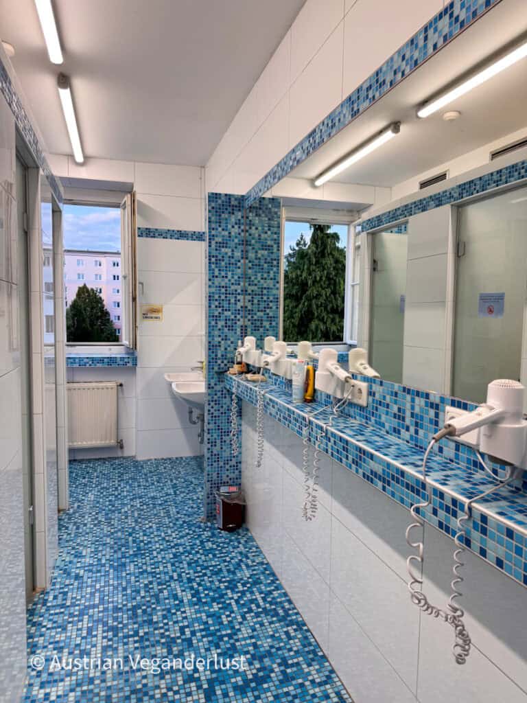 Bright shared bathroom in a hostel with blue mosaic tile floors and walls. A row of washbasins with mounted hair dryers lines the wall, and large windows let in plenty of natural daylight.