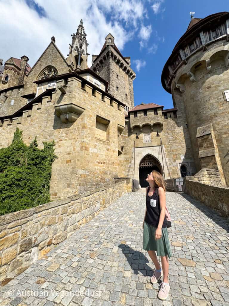 Eine Frau steht auf einem kopfsteingepflasterten Weg und blickt ehrfürchtig zur mittelalterlichen Burg Kreuzenstein mit ihren spitzen Türmen, gewölbten Fenstern und dem großen steinernen Eingang hinauf. Sie trägt ein schwarzes Tanktop, einen grünen Rock, helle Turnschuhe und einen rosa Rucksack.