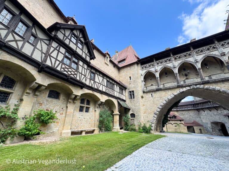 Innenhof der Burg Kreuzenstein mit einer charmanten Mischung aus Fachwerk und Steinarchitektur, mit Bogenfenstern und einer überdachten Brücke, die von gotischen Säulen getragen wird. Der kopfsteingepflasterte Weg und das gepflegte Gras tragen zu der mittelalterlichen Atmosphäre unter dem klaren blauen Himmel bei.