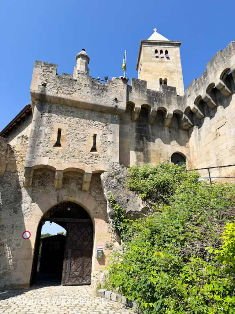 Nahaufnahme des gewölbten Haupttors der Burg, das von dicken Steinmauern umgeben ist, durch die ein gepflasterter Weg führt und über der Turmfahnen flattern. Die raue Struktur und die wehrhafte Architektur erinnern an die mittelalterlichen Ursprünge der Burg.