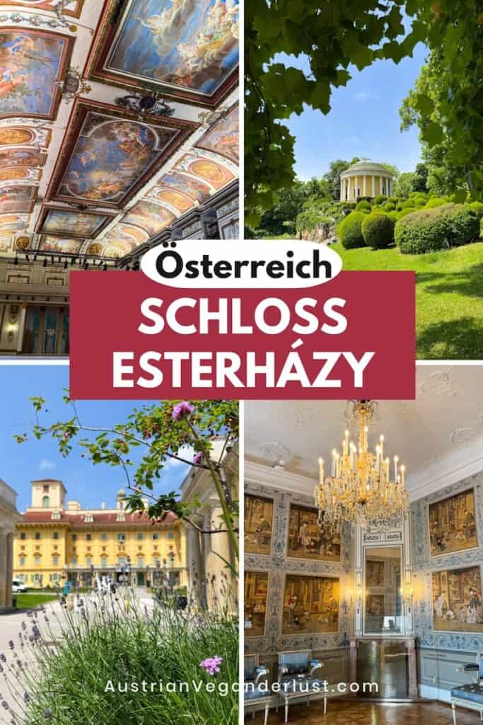 Pinterest-Collage mit vier Ansichten von Schloss Esterházy in Eisenstadt, Österreich: die prachtvolle Decke des Haydnsaals, der klassizistische Leopoldinentempel im Schlosspark, die barocke Außenfassade mit Blumen im Vordergrund sowie ein prunkvoller Innenraum mit Kronleuchter und Wandmalereien; darüber der Text „Österreich – Schloss Esterházy“.