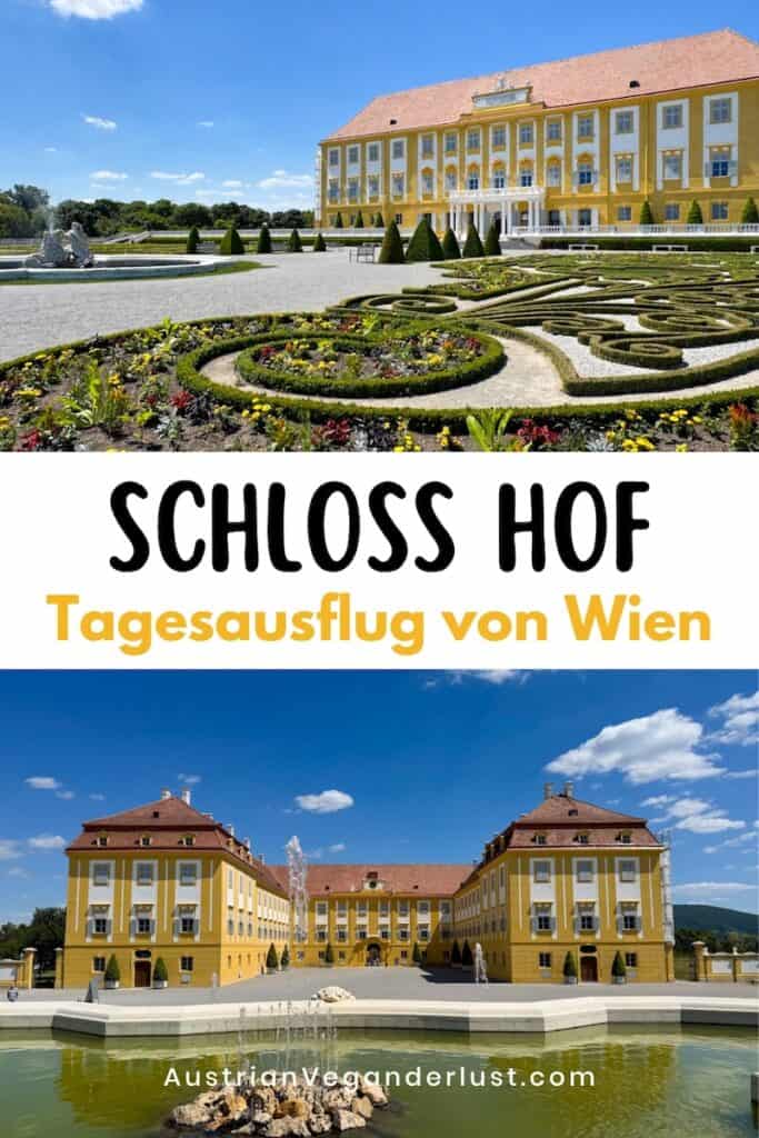 Zwei Ansichten von Schloss Hof, einem barocken Schloss nahe Wien, mit symmetrischen gelben Fassaden, kunstvoll gestalteten Gärten und einem Springbrunnen im Vordergrund. In der Mitte des Bildes steht der Text „Schloss Hof – Tagesausflug von Wien“, unten ist die Website „AustrianVeganderlust.com“ zu sehen.