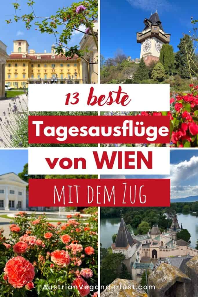 Collage mit Sehenswürdigkeiten und Blumen aus Österreich, überlagert mit dem Text „13 beste Tagesausflüge von WIEN mit dem Zug“. Zu sehen sind unter anderem ein gelbes Schloss, der Grazer Uhrturm, ein weißes klassizistisches Gebäude, ein blühender Rosengarten und ein märchenhaftes Schloss an einem Fluss. Unten steht die Website „AustrianVeganderlust.com“.