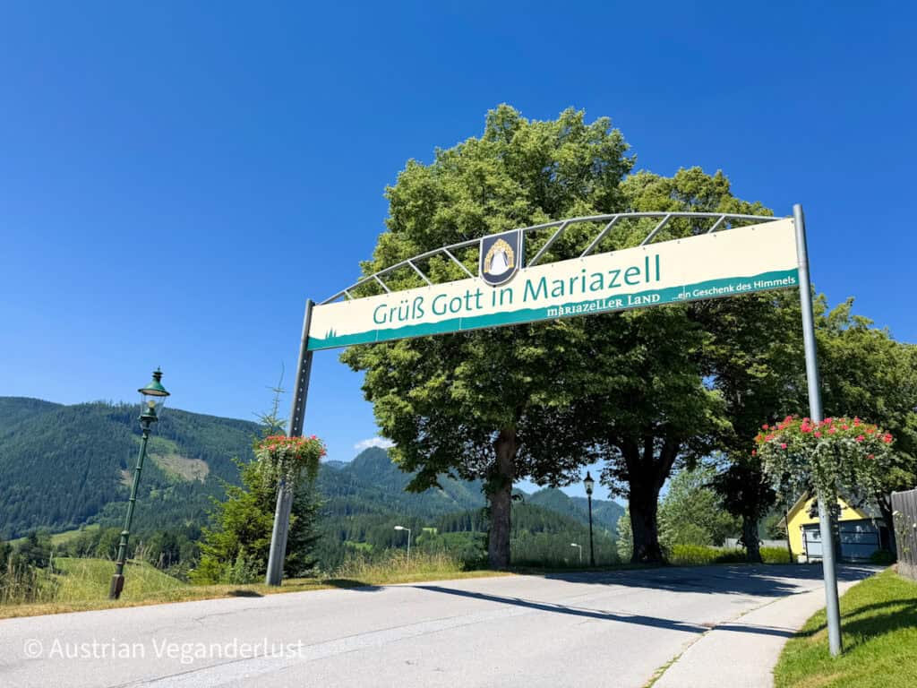 Auf einem großen Schild über einer ruhigen Landstraße steht "Grüß Gott in Mariazell" mit Blick auf die Berge und Blumentöpfe, die an einem klaren Sommertag an Laternenpfählen hängen.