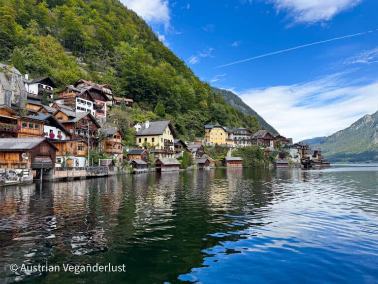A row of colorful alpine houses in Hallstatt lines the lakefront, their wooden balconies and flower boxes reflected in the crystal-clear water below.
