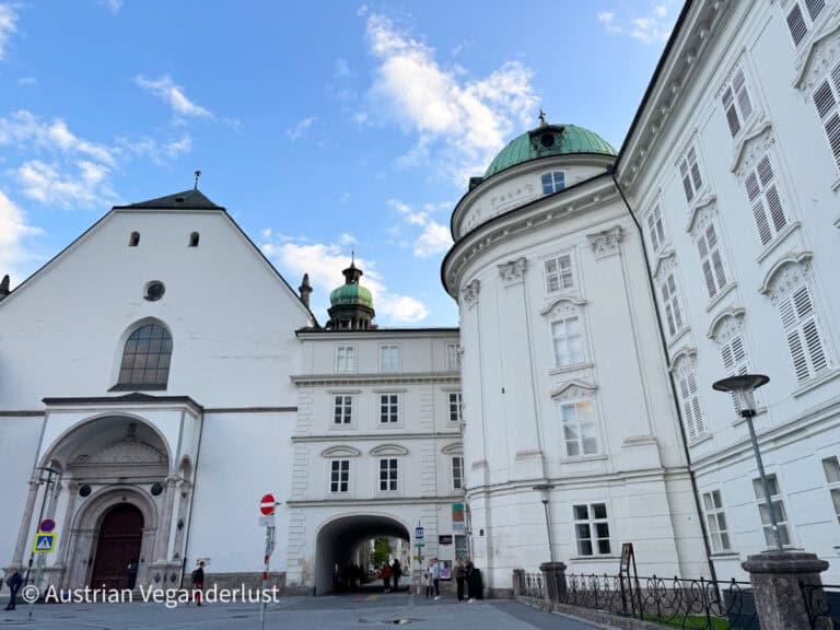 A view of the white Baroque façade of Hofburg Palace and the adjacent Court Church, with a domed tower and arched pedestrian passage beneath the building.