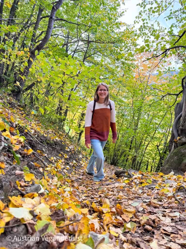A smiling woman wearing a color-block sweater and jeans hikes a forest path blanketed with fallen autumn leaves, surrounded by bright green and yellow trees.