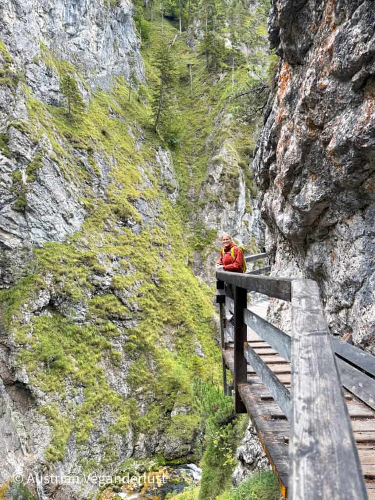 Eine Frau steht auf einem schmalen Holzsteg, der in einen Felsen gebaut ist, und blickt auf eine steile, grasbewachsene Schlucht mit hoch aufragenden Felswänden.