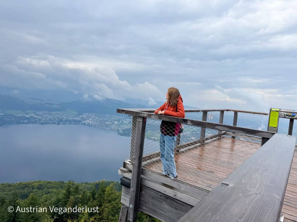 Eine Frau in einer roten Jacke lehnt an einem hölzernen Geländer an einem Aussichtspunkt hoch über einem See, mit bewölktem Himmel und einer entfernten Stadt auf der anderen Seite des Wassers.