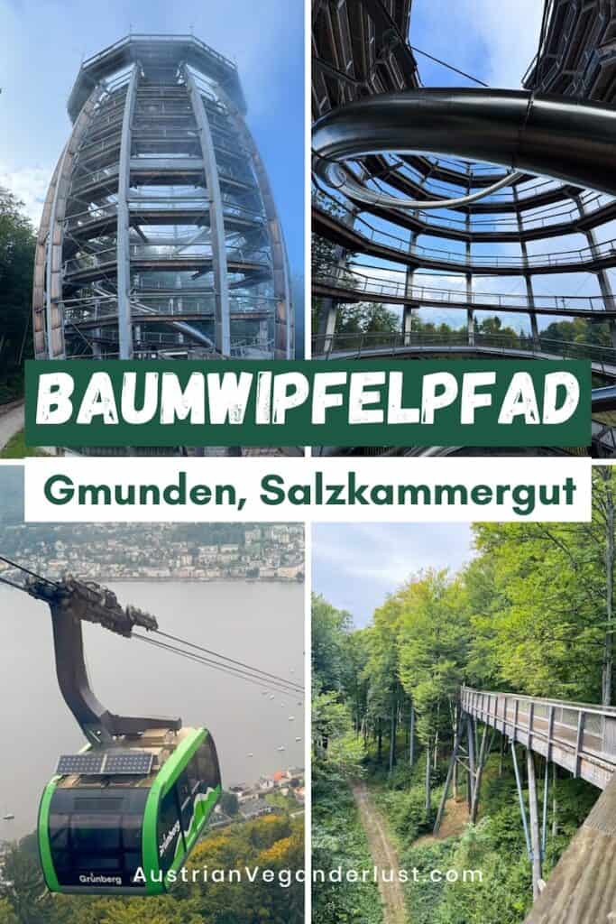 Collage mit vier Bildern vom Baumwipfelpfad Gmunden im Salzkammergut. Oben links ein spiralförmiger Aussichtsturm mit Holzsteg und Rutsche, daneben ein Blick ins Innere mit der Rutsche im Zentrum. Unten links eine grüne Seilbahn-Gondel mit Blick auf den Traunsee und Gmunden, unten rechts ein Holzsteg auf Stelzen, der durch den Wald führt. Text auf dem Bild: „Baumwipfelpfad Gmunden, Salzkammergut“.