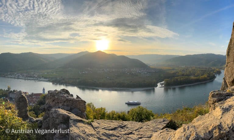 Toller Blick über die Donau bei Sonnenuntergang, mit einem Kreuzfahrtschiff, das über das Wasser gleitet, und einer bergigen Landschaft, die sich unter einem wolkenverhangenen Himmel in die Ferne erstreckt.