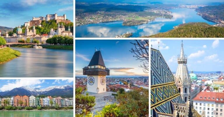 Collage of scenic views from some of the best cities to visit in Austria, including Salzburg with its hilltop fortress and riverfront, Klagenfurt by the reflective Wörthersee lake, Graz with its iconic Uhrturm clock tower, Vienna’s St Stephen’s Cathedral with its patterned roof, and Innsbruck with colourful buildings set against the snow-capped Alps.