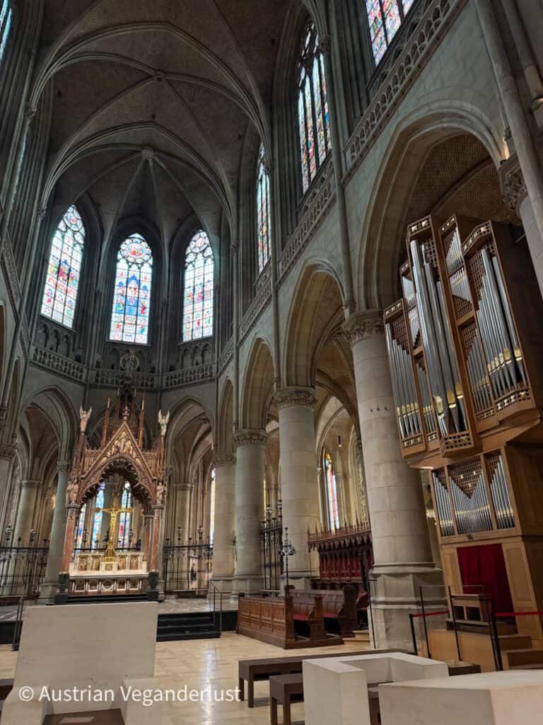 Interior of the New Cathedral in Linz showcasing soaring Gothic arches, vibrant stained glass windows, a grand pipe organ, and an intricately carved altar. This peaceful space is part of the Linz Christmas markets experience, offering a reflective atmosphere amid the festive bustle.