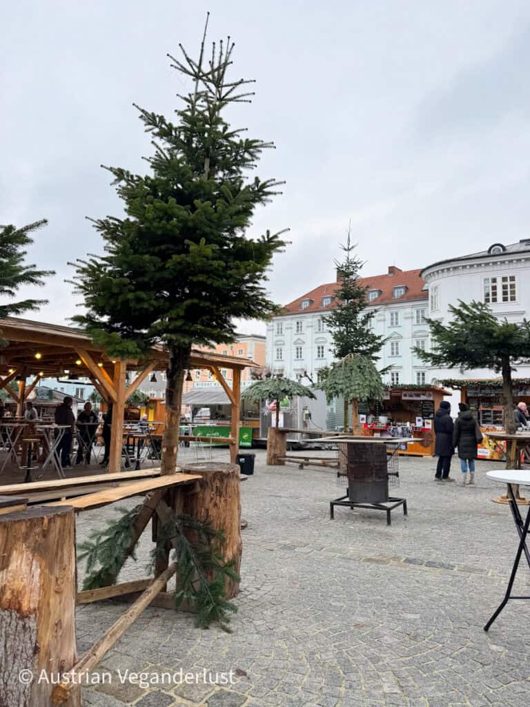 Rustic wooden seating with tree-stump tables and tall pines scattered around an open courtyard area at Linz Christmas markets, inviting visitors to rest and eat.