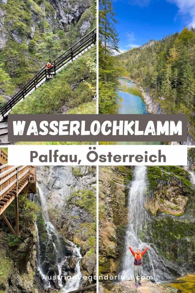 Collage mit vier Bildern von der Wasserlochklamm in Palfau, Österreich. Oben links: Wandererin auf einer steilen Holztreppe inmitten felsiger Schluchtlandschaft. Oben rechts: türkisblauer Fluss schlängelt sich durch einen Wald mit Bergen im Hintergrund. Unten links: hölzerner Steg führt an einem Wasserfall vorbei. Unten rechts: Frau steht mit ausgebreiteten Armen vor einem hohen, moosbedeckten Wasserfall. Text auf dem Bild: „Wasserlochklamm, Palfau, Österreich“.