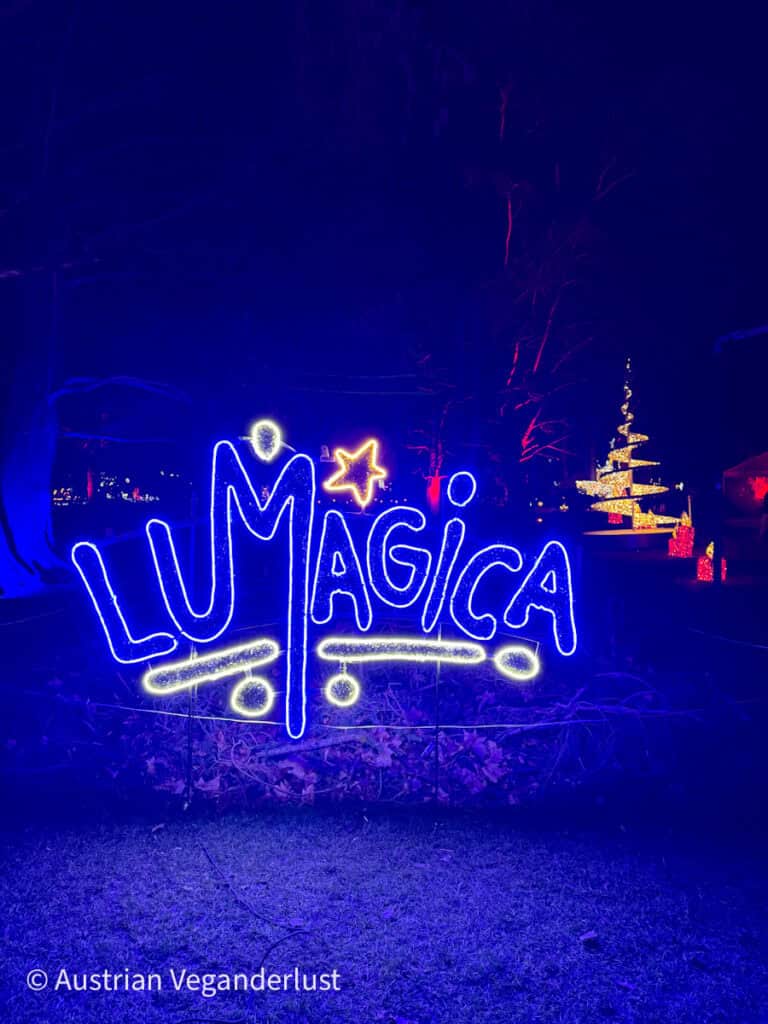 Neon-style “LUMAGICA” light sign glowing in white and blue with a star accent, set in a dark outdoor park filled with colorful lights and a lit-up Christmas tree in the background.