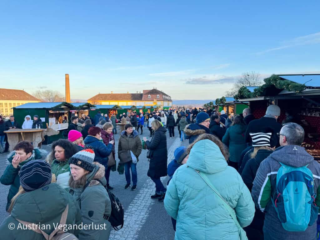 A bustling scene of a European Christmas market with crowds of people dressed in winter coats, standing in front of green vendor huts under a clear blue sky. The atmosphere is lively and festive, with shopping and socializing in full swing.