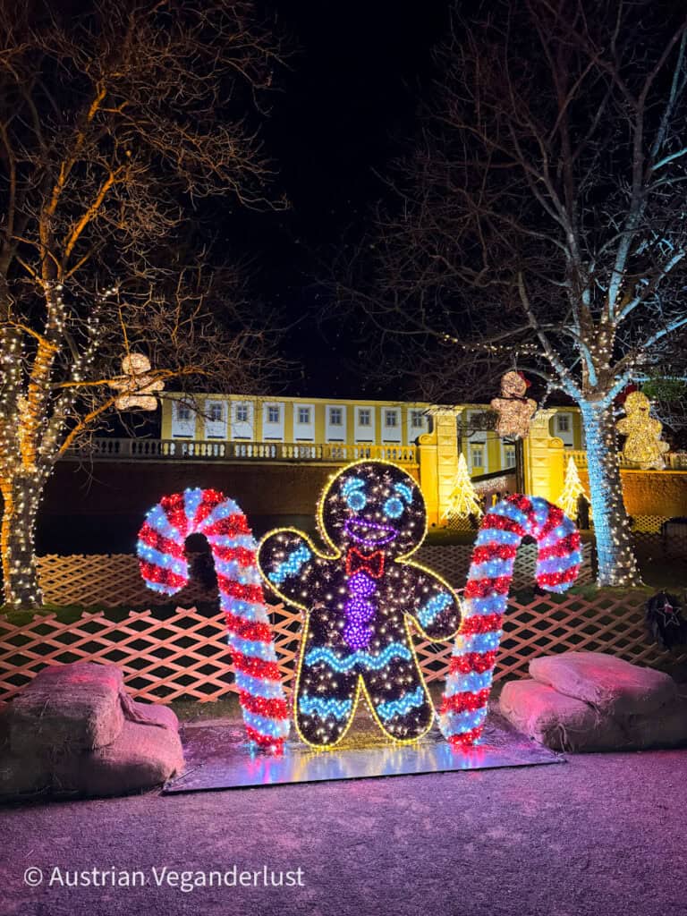 A vibrant light installation of a smiling gingerbread man flanked by two red and white candy canes shines brightly in a nighttime display. Leafless trees wrapped in string lights and a yellow building glow in the background.