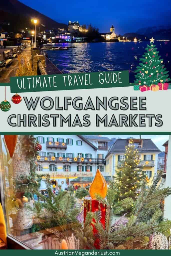 Collage image promoting the Wolfgangsee Christmas Markets, featuring a festive lakeside view of St. Wolfgang at night and a cozy window scene overlooking decorated buildings and a Christmas tree, with text that reads “Ultimate Travel Guide – Wolfgangsee Christmas Markets.”