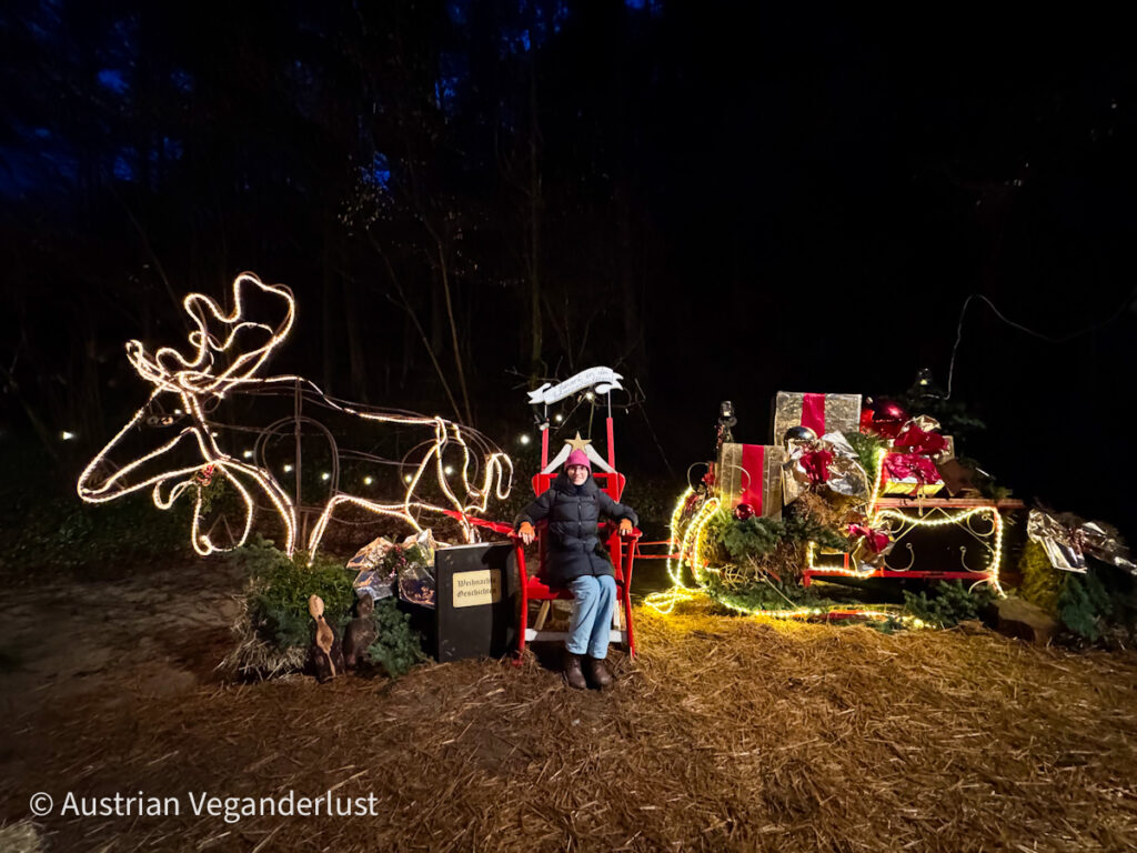 A festive photo spot featuring a person sitting in a red sleigh beside a glowing wireframe reindeer and large, wrapped gift boxes outlined with twinkling lights in a nighttime forest setting.