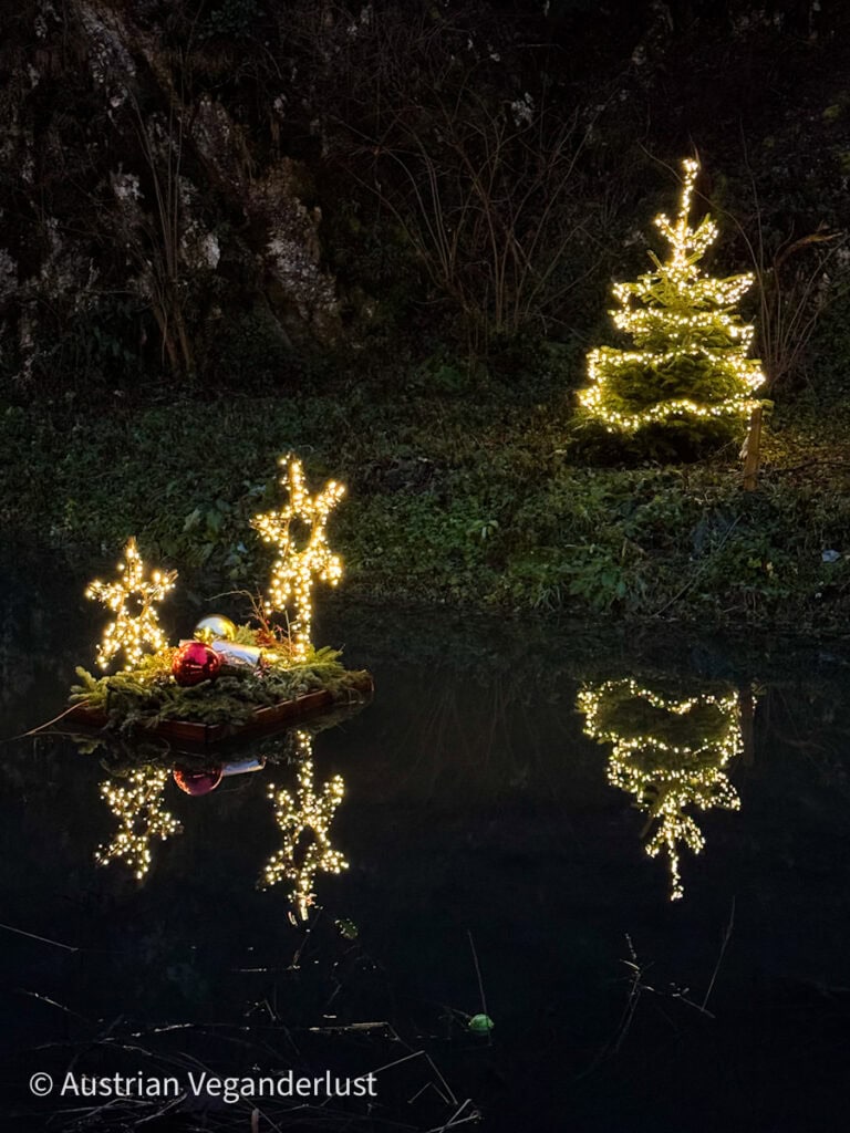 A floating raft decorated with glowing star-shaped lights and colorful ornaments on a dark pond, with a lit Christmas tree on the bank and their reflections mirrored in the still water.