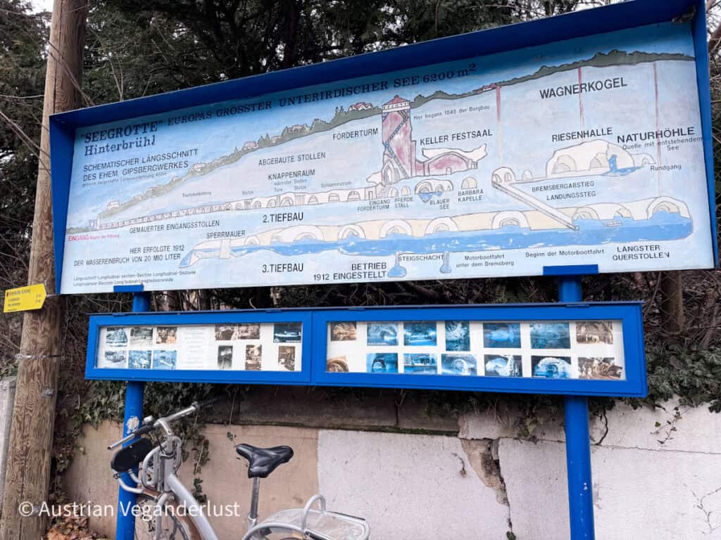 Infotafel vor der Seegrotte Hinterbrühl mit einer detaillierten Schnittzeichnung der unterirdischen Stollen und des Seesystems, auf der historische und touristische Highlights eingezeichnet sind.