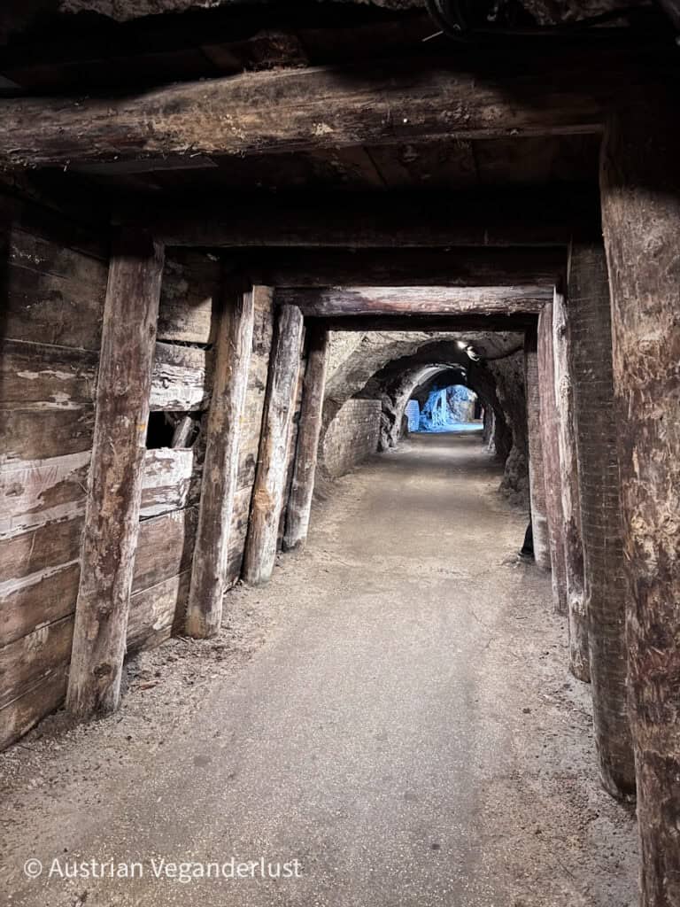 Ein historischer Stollen, gestützt von dicken Holzbalken und Brettern, der in die Ferne zu einer gut beleuchteten Kammer führt.
