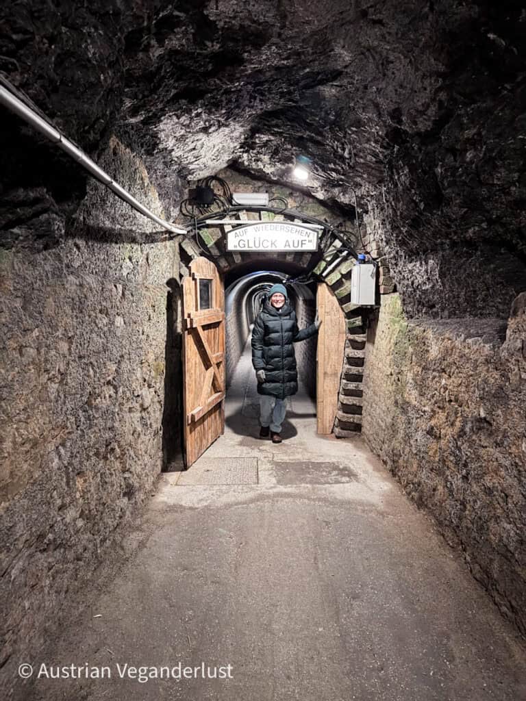 Eine lächelnde Frau in einem Wintermantel kommt aus einem Steintunnel unter einem Schild mit der Aufschrift „Auf Wiedersehen, Glück Auf“ heraus, zu dessen Seiten sich geschwungene Holztüren befinden.