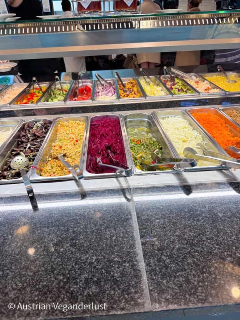Self service salad bar at a restaurant with trays of fresh vegetables including cucumbers, tomatoes, corn, cabbage, and beans lined up with serving tongs.