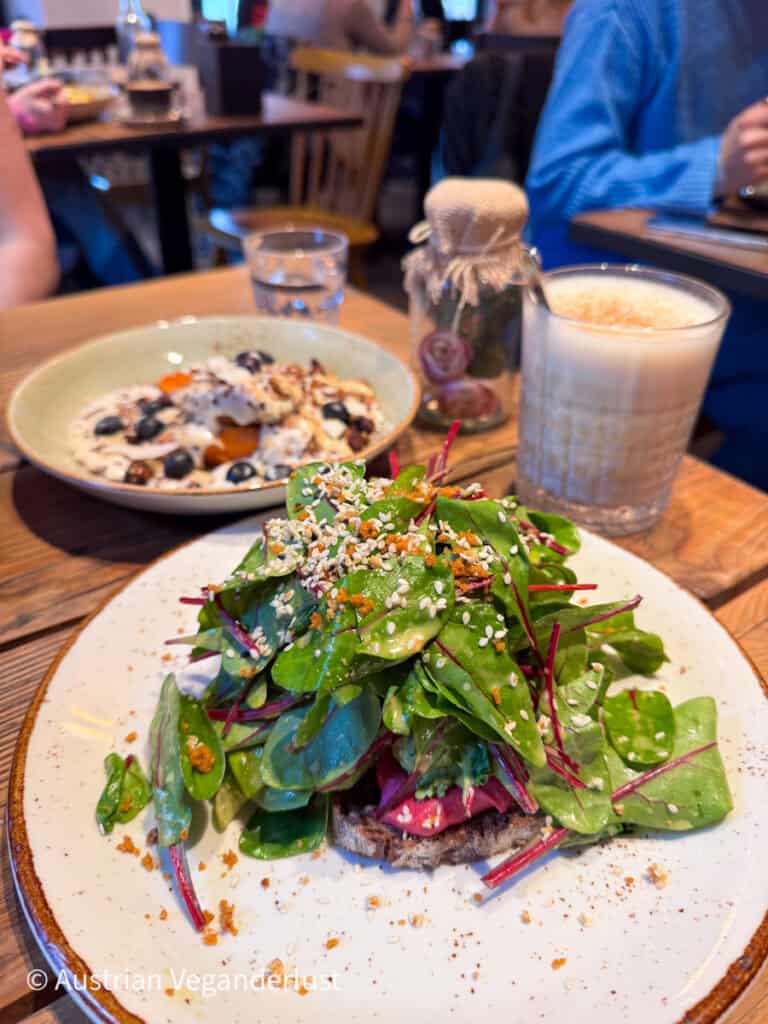 Ein offener Toast mit frischem Blattgemüse, Samen und Rote Bete, serviert auf einem Teller, im Hintergrund ein cremiger Latte und eine Schüssel Joghurt mit Obst und Müsli.