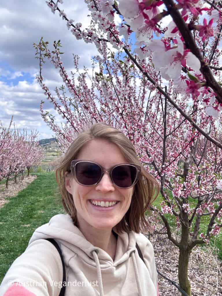 Smiling person wearing sunglasses and a beige hoodie taking a selfie in a blooming orchard with rows of pink and white flowering trees behind them.
