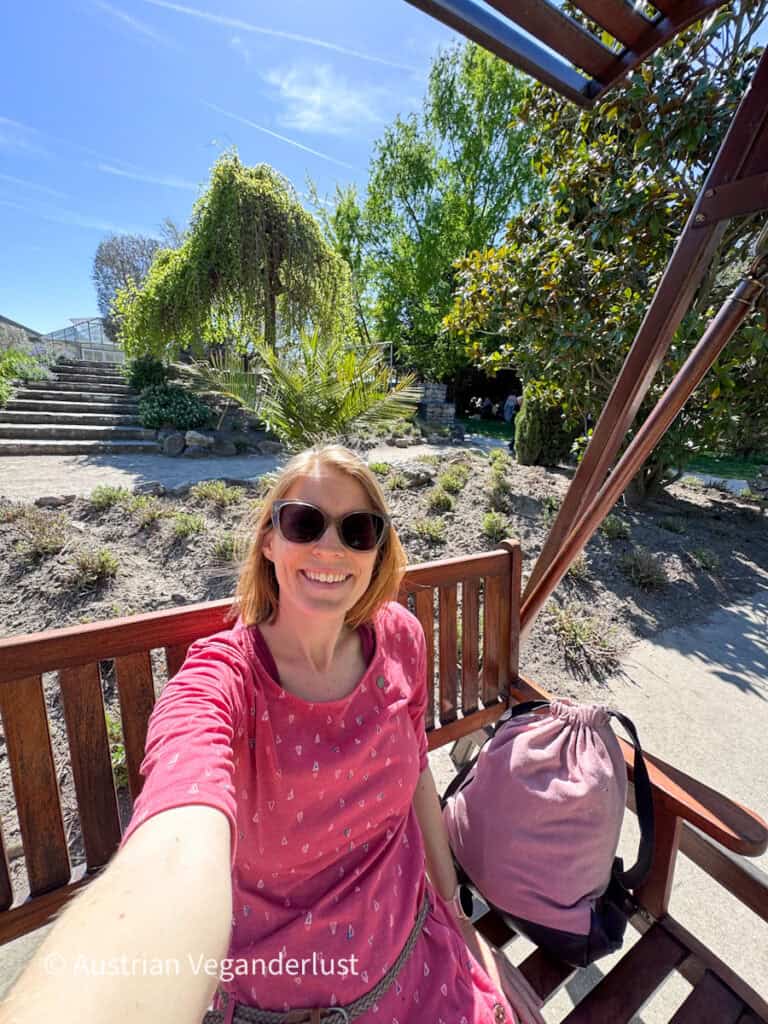 Tina trägt eine Sonnenbrille und ein rosa Kleid und sitzt auf einer hölzernen Gartenschaukel neben einem rosa Rucksack. Helles Sonnenlicht beleuchtet die umliegenden Bäume, Wege und die gepflegte Grünanlage.