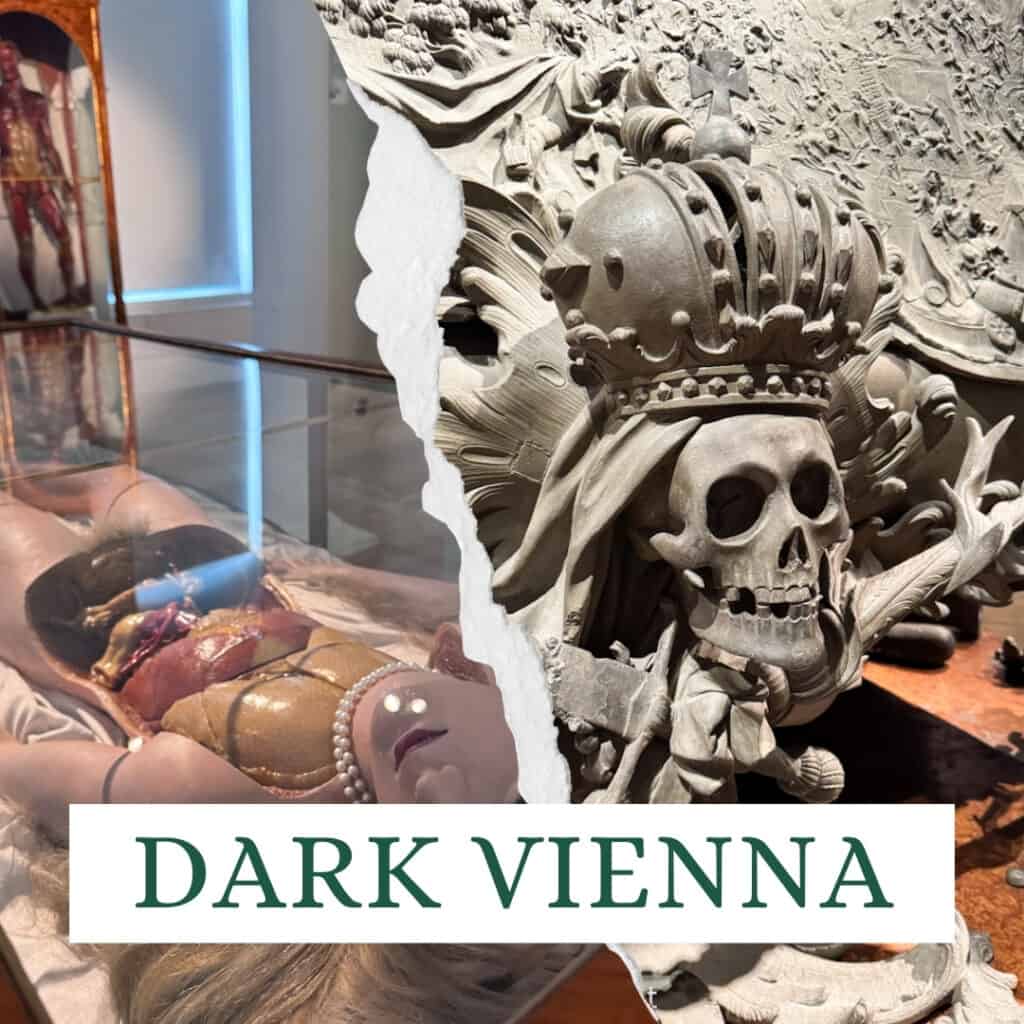 Split collage promoting dark history attractions in Vienna. One side shows an anatomical wax model with exposed internal organs in a museum display, while the other features an ornate sculpture of a crowned skull surrounded by intricate carvings. The text reads "DARK VIENNA".