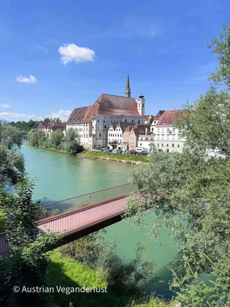 View across the turquoise river toward Steyr's historic center with church towers, red tiled roofs, and riverside buildings under a blue summer sky. A pedestrian bridge crosses the water in the foreground.