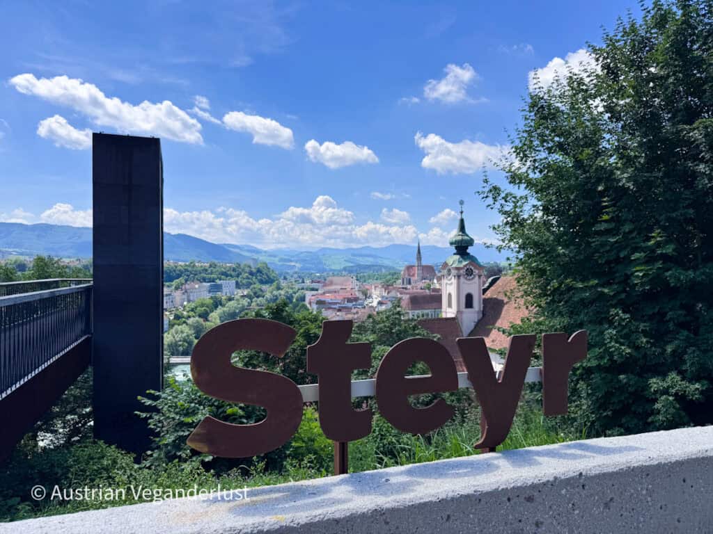 Panoramic viewpoint overlooking Steyr with church towers, red rooftops, and rolling green hills in the distance. Large metal letters in the foreground spell "Steyr."