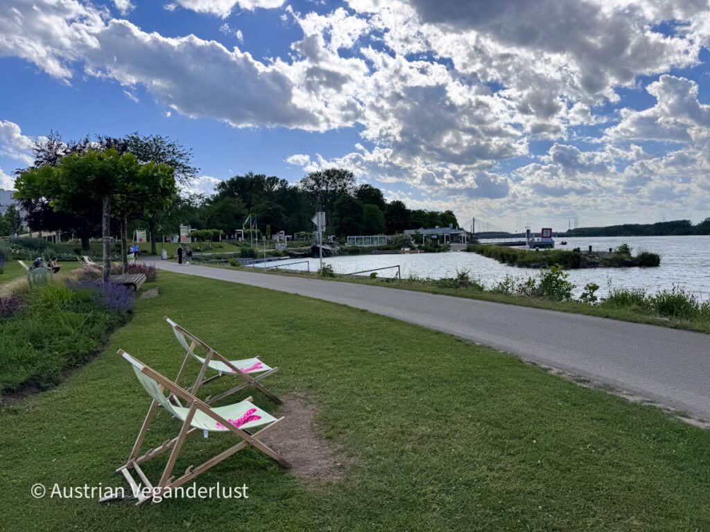 Von einem grasbewachsenen Park am Flussufer in Tulln aus blicken zwei Liegestühle auf die Donau. Ein Spazierweg führt am Wasser entlang, vorbei an Gärten und kleinen Anlegestellen, unter einem Himmel voller sonnenbeschienener Wolken.
