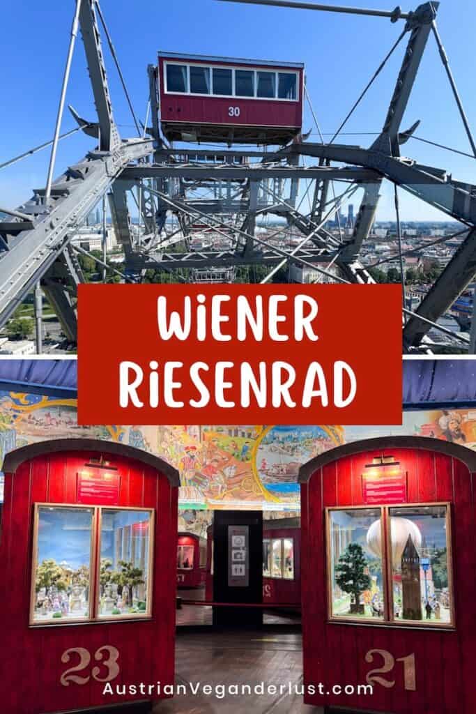 Collage mit einer roten Gondel des Wiener Riesenrads hoch über den Dächern Wiens und historischen Ausstellungsstücken im Inneren des Riesenradmuseums. Der Text lautet „WiENER RIESENRAD“ und „AustrianVeganderlust.com“.