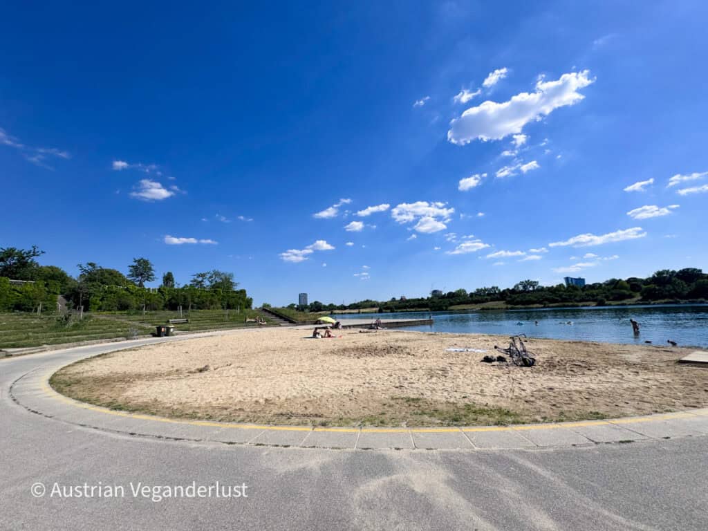 Ein Sandstrand schlängelt sich entlang der Donau neben einem gepflasterten Uferweg, auf dem die Leute an sonnigen Tagen sonnenbaden, schwimmen und sich entspannen. Ruhiges blaues Wasser und ein weiter, offener Himmel mit vereinzelten Wolken schaffen eine weitläufige und friedliche Atmosphäre an diesem Stadtstrand.