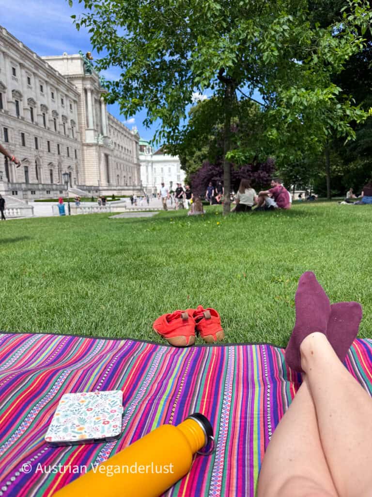 Eine Person, die auf einer bunten Picknickdecke entspannt, mit einer gelben Wasserflasche, einem Notizbuch mit Blumenmuster und roten Schuhen, die auf dem Rasen vor einem prächtigen historischen Gebäude abgestellt sind. Alte Bäume spenden Schatten, während Menschen im umliegenden Park sitzen und spazieren gehen – so entsteht ein friedlicher Ort zum Ausruhen während eines Tages voller Besichtigungen.