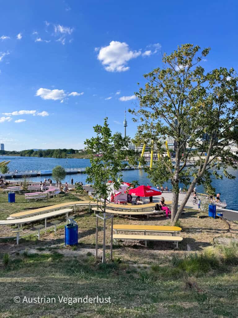 Geschwungene gelbe Bänke und junge Bäume blicken auf die Donau in einem belebten Park am Wasser, wo Besucher sich entspannen und entlang der Promenade schlendern. Der Aussichtsturm, der Strand am Flussufer und die roten Sonnenschirme sind in der sonnigen Landschaft unter strahlend blauem Himmel zu sehen.